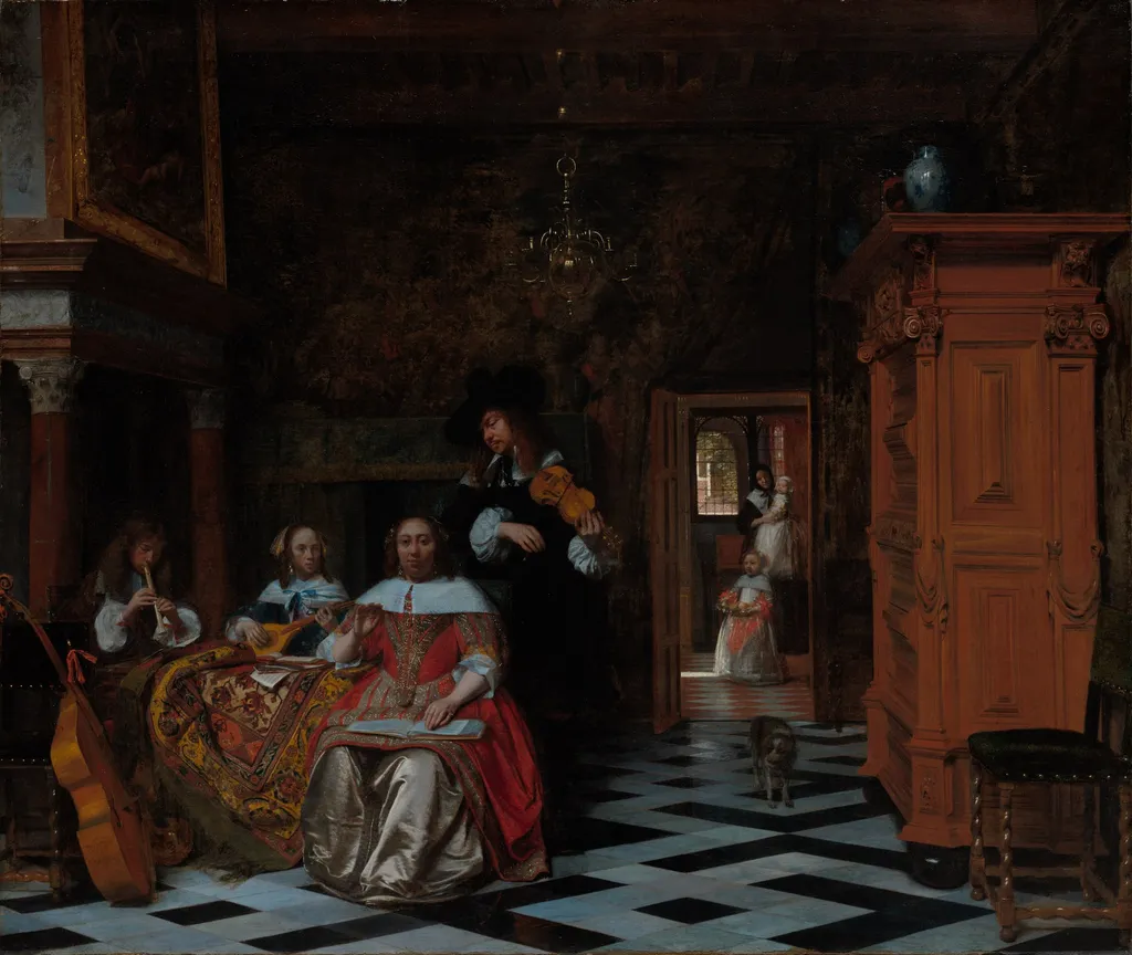 Portrait of a family making music, by Pieter de Hooch, oil, 1663
