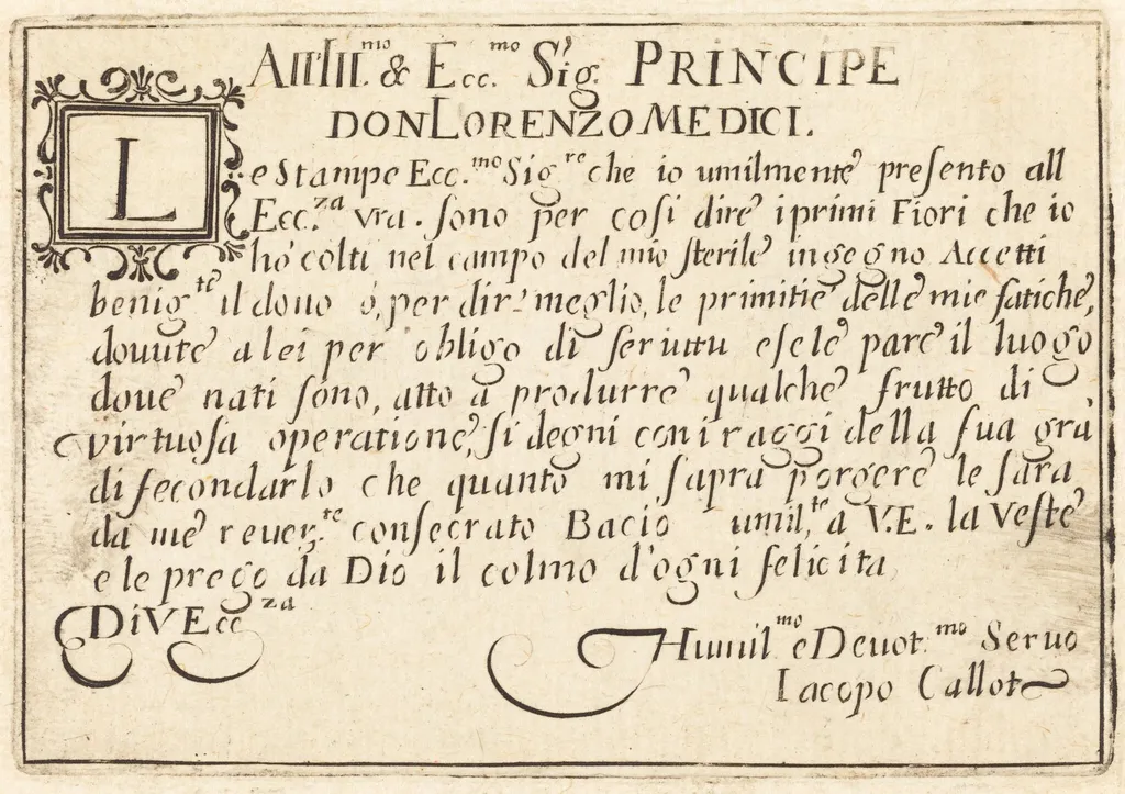 Dedication to Don Lorenzo de' Medici, by Jacques Callot, ink, 1622
