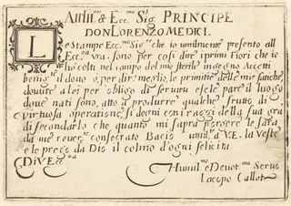 Dedication to Don Lorenzo de' Medici, by Jacques Callot, ink, 1622