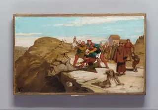 The Fable of the Miller, His Son, and the Donkey, by Elihu Vedder, oil, 1867