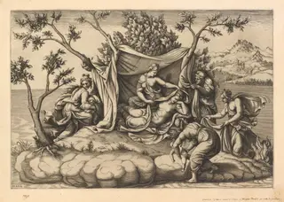 Latona Giving Birth to Apollo and Diana on the Island of Delos, by Diana Scultori, ink, 1563
