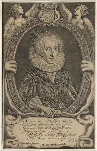 Lucia Harrington, Countess of Bedford, by Simon van de Passe, ink, 1621