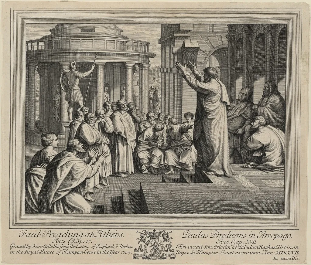 Paul Preaching at Athens, by Simon II Gribelin, ink, 1707