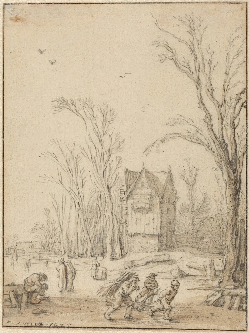 Villagers Skating on a Frozen Pond, by Velde, Esaias van de, I, chalk, 1625