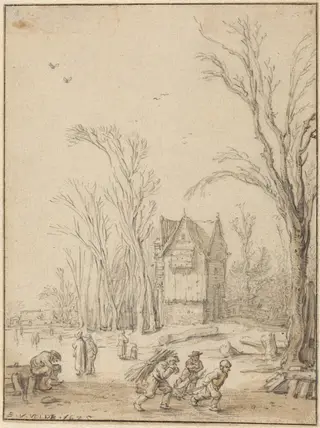 Villagers Skating on a Frozen Pond, by Velde, Esaias van de, I, chalk, 1625