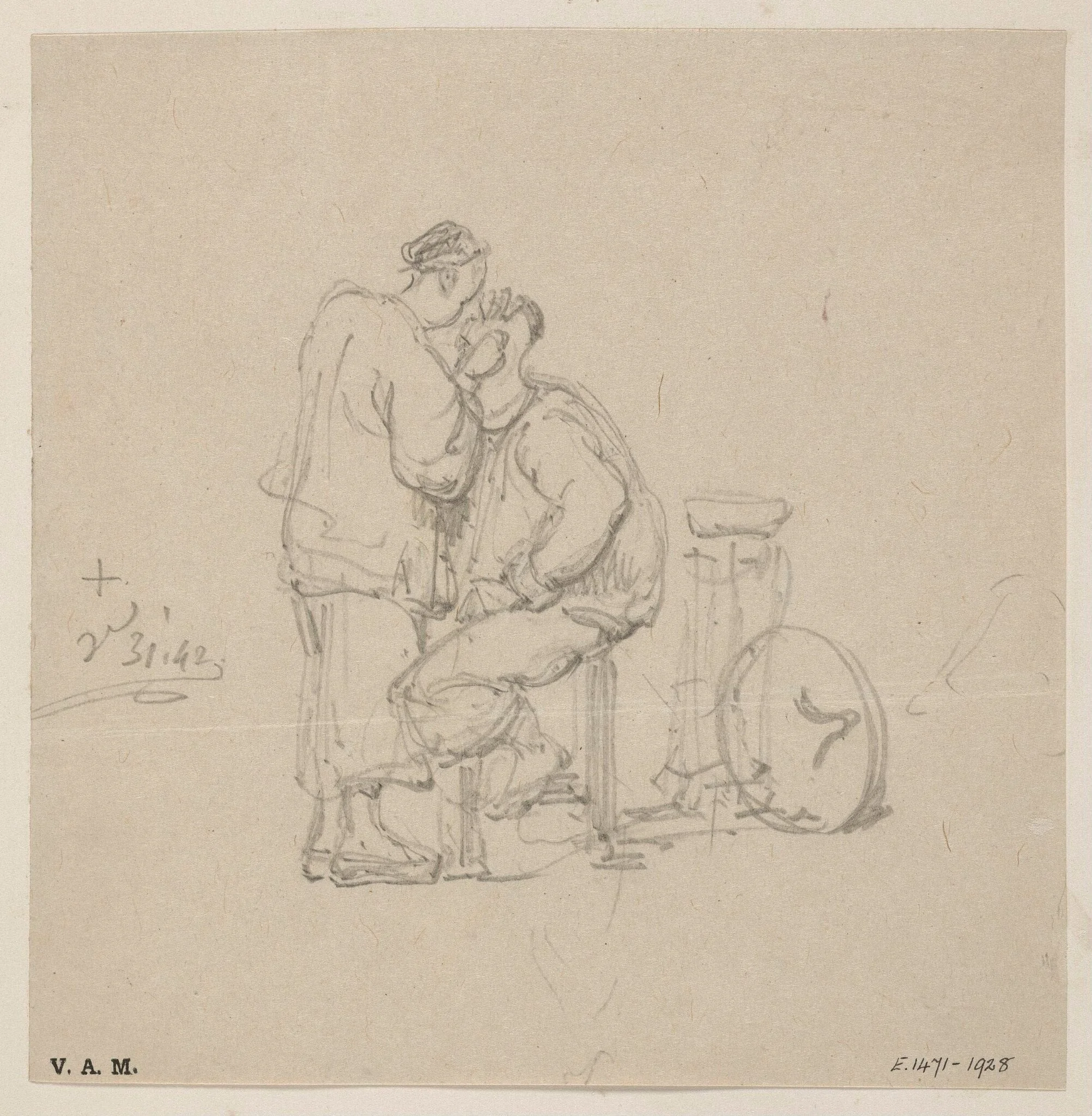 A barber and customer, detail
