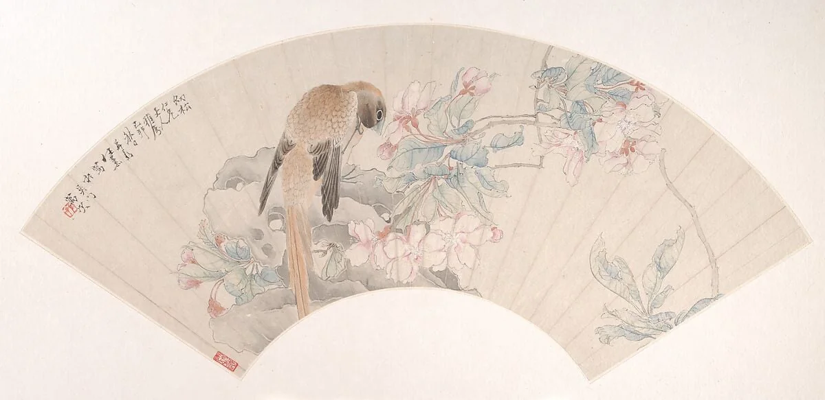 清 任薰 海棠小鳥 扇面|Bird on a Rock by a Flowering Branch, detail