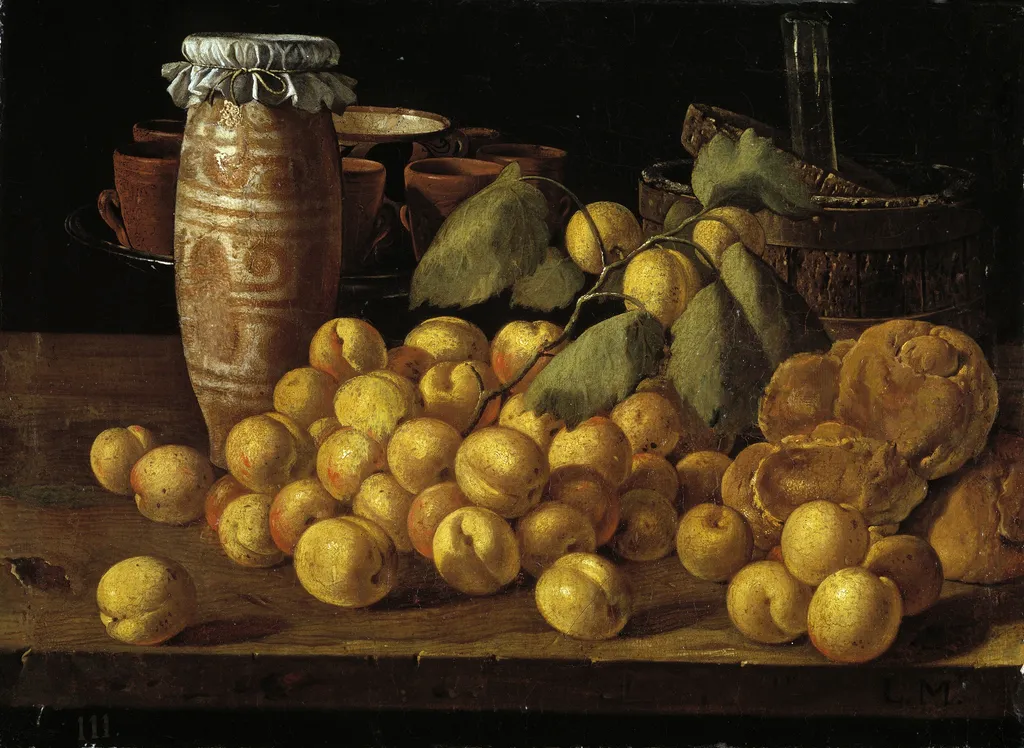 Still Life with Apricots Buns and Vessels, by Luis Egidio Meléndez, oil, 1751