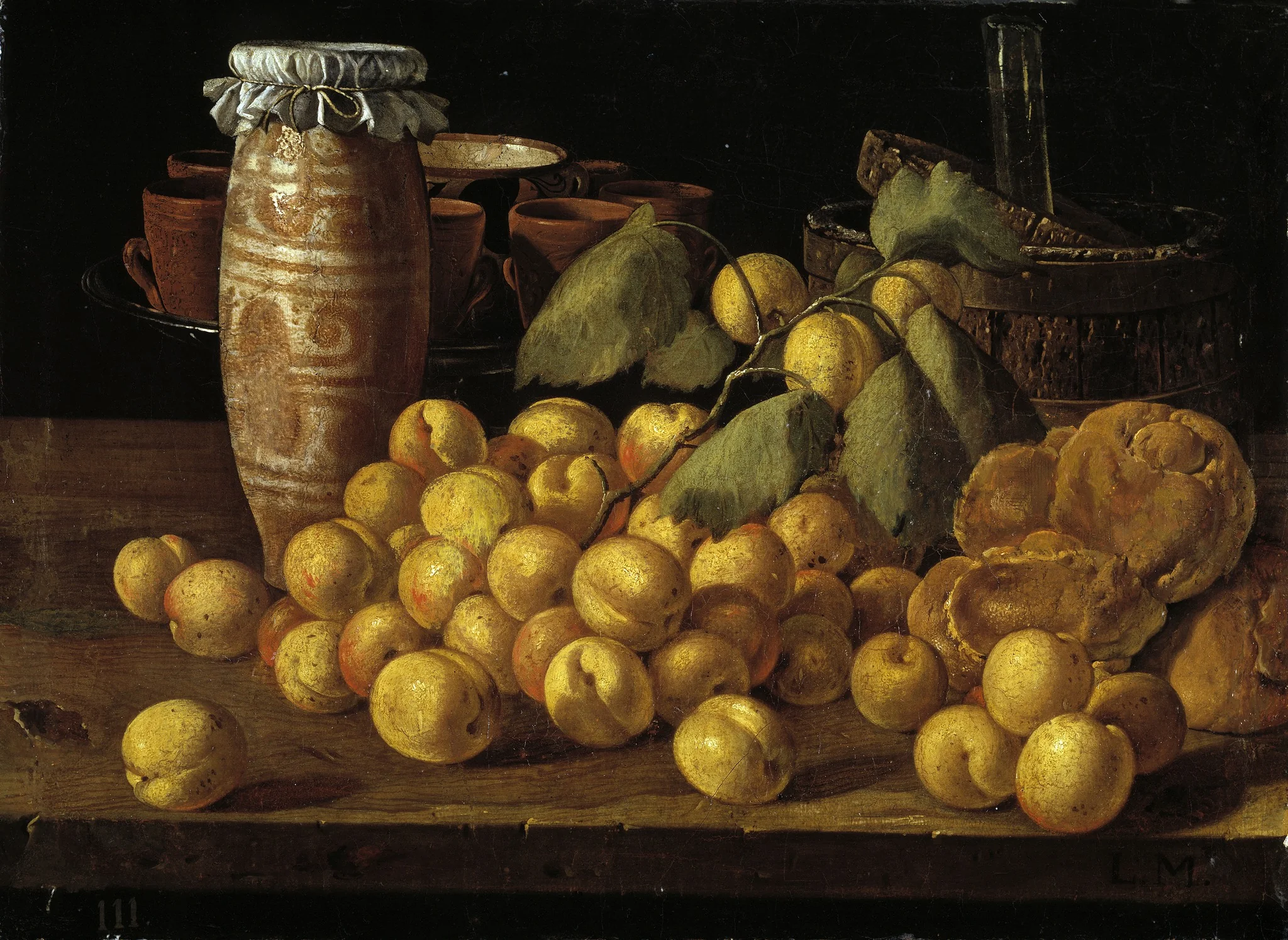 Still Life with Apricots Buns and Vessels, detail