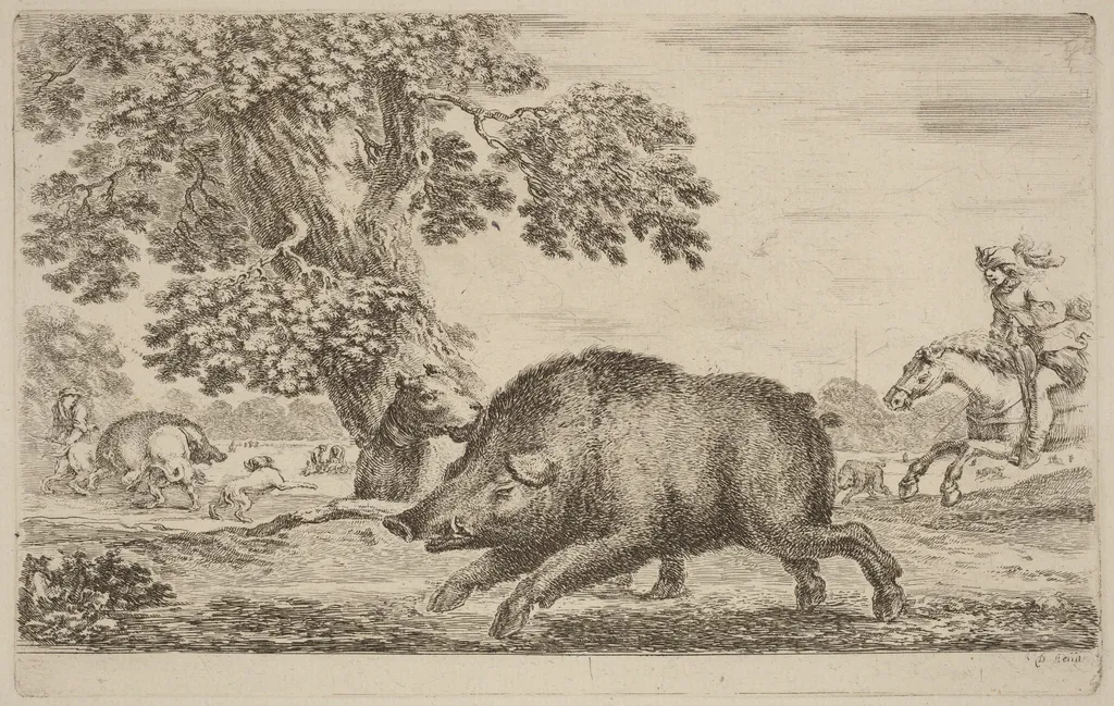 Boar Running to the Left, by Stefano Della Bella, ink, 1637