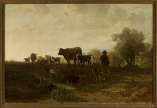 Shepherd with cattle, by Friedrich Voltz, oil, 1867