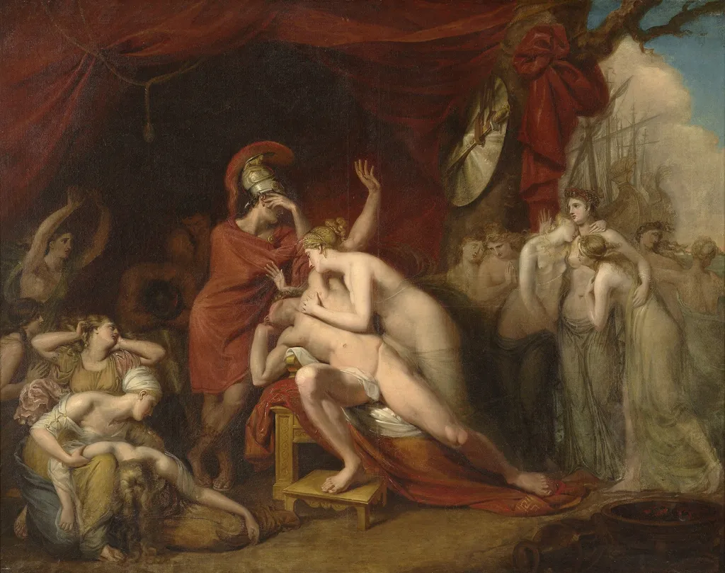 Achilles frantic for the loss of Patroclus, rejecting the consolation of Thetis, by George Dawe, oil, 1803