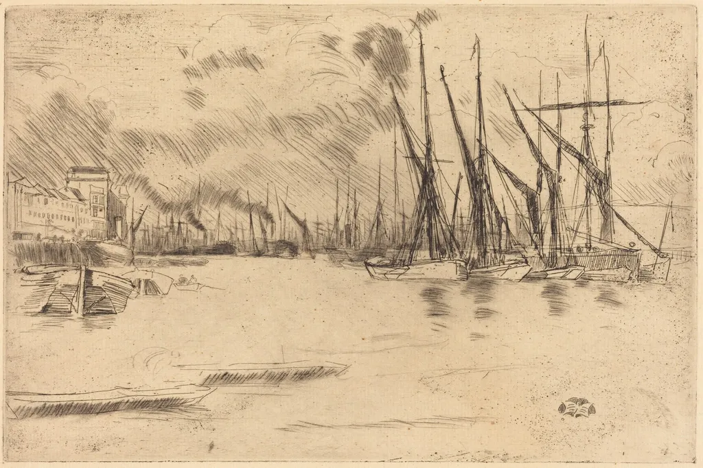 From Pickle-Herring Stairs, by James McNeill Whistler, ink, 1878