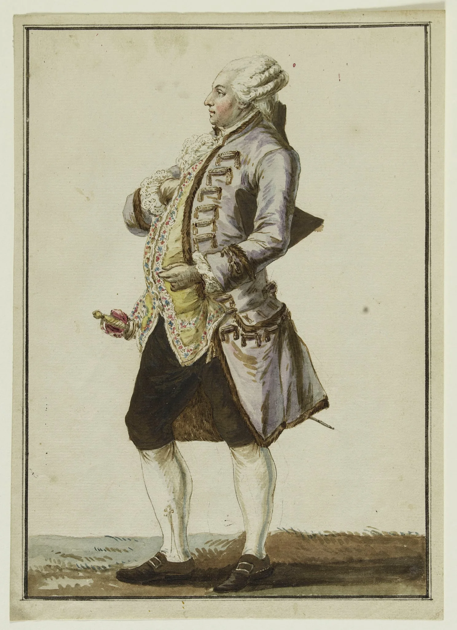 Homme vêtu d'un habit en surtout à brandebourgs de camelot de soie, detail