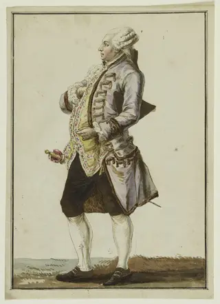 Homme vêtu d'un habit en surtout à brandebourgs de camelot de soie, by Pierre Thomas Le Clerc ou Leclerc, unspecified, 1776