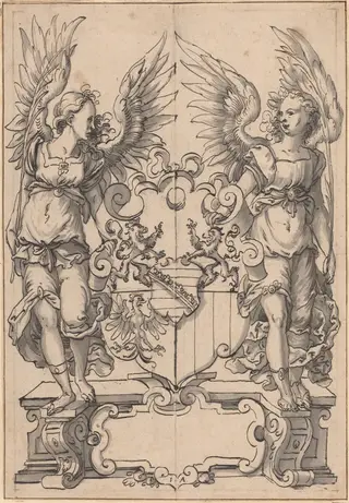Two Angels Holding a Coat of Arms, by Jost Amman, ink, 1565