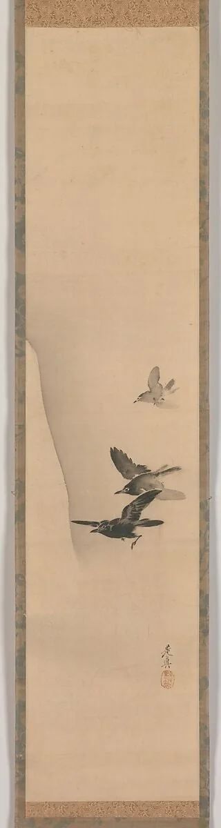 三羽黒鳥図|Three Crows in Flight, detail