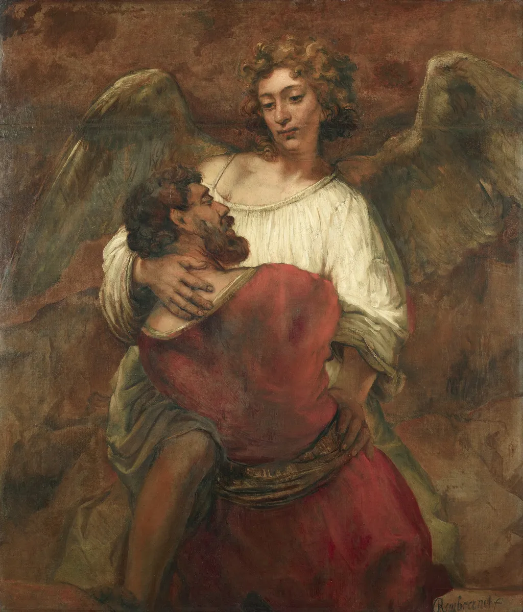 Jacob wrestling with the angel, by Rembrandt, oil, 1659