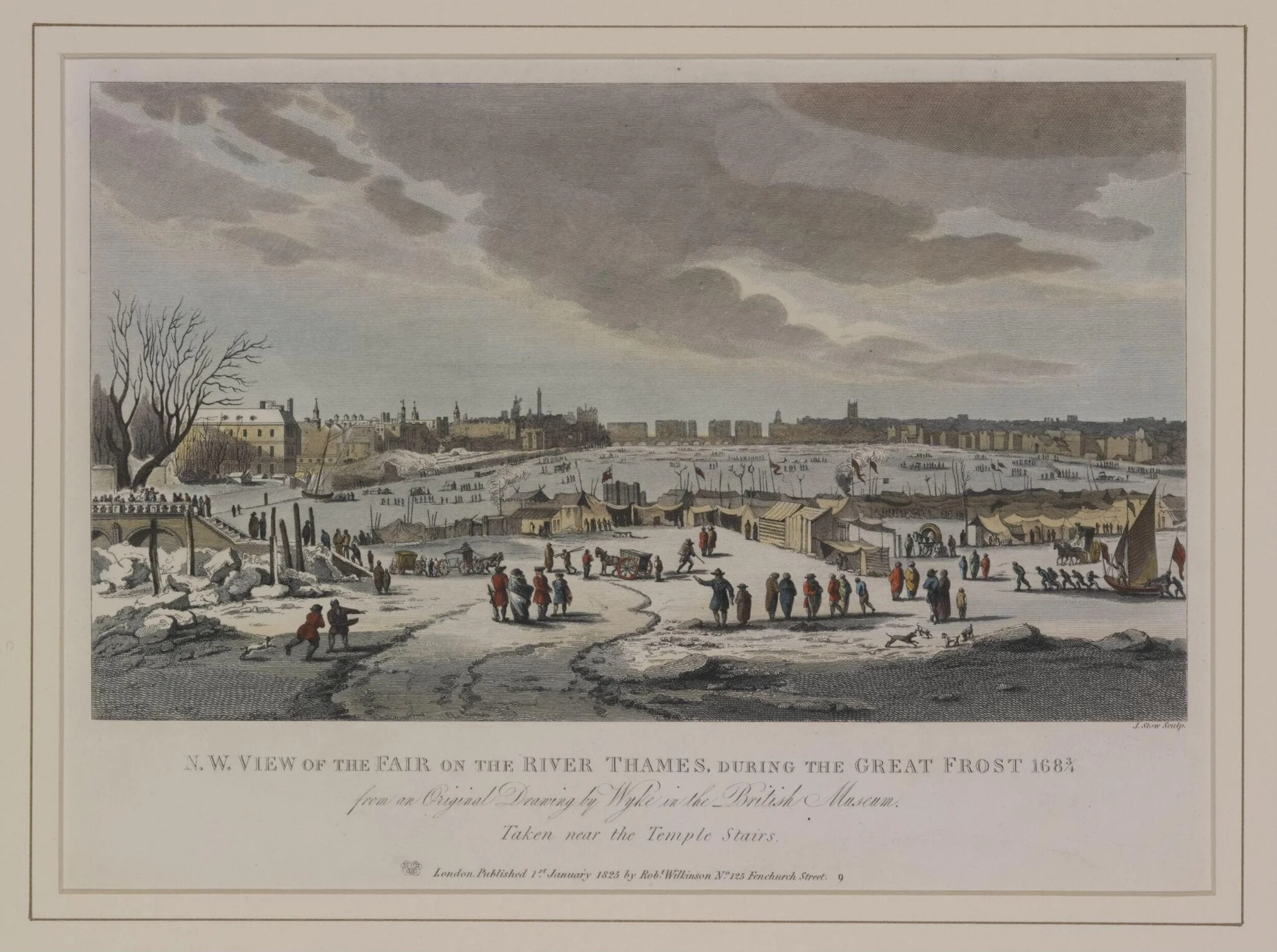 N.W. View of the Fair on the River Thames during the Great Frost 1683/4 from an Original Drawing by Wyke in the British Museum. Taken near Temple Stairs, detail
