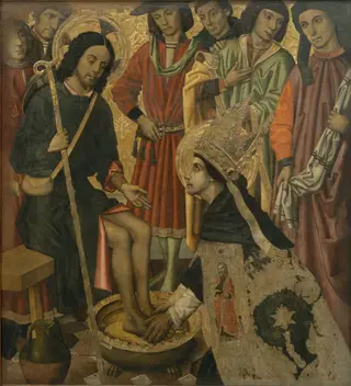 Saint Augustine washing the feet to Pilgrim Jesus, by Pablo Vergós, tempera, 1470