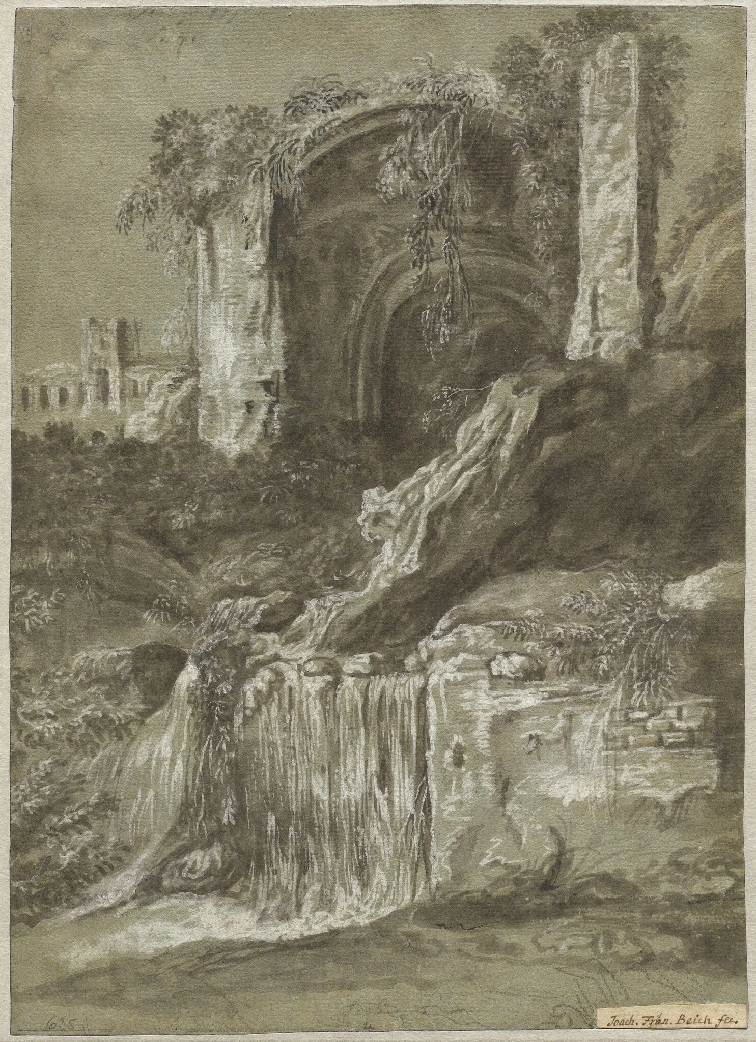 A Waterfall with Ruins (verso), detail