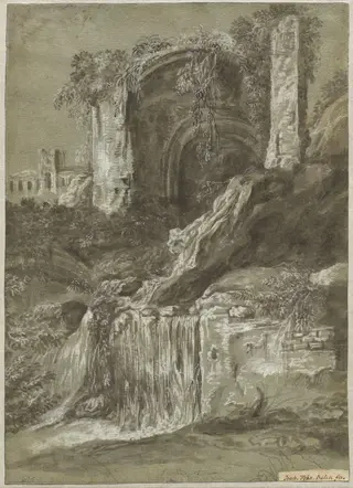 A Waterfall with Ruins (verso), by Joachim Franz Beich, gouache, 1709