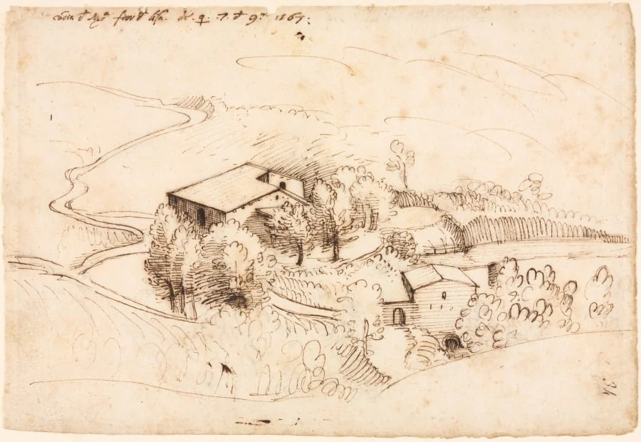 Farm with Trees in a Hilly Landscape, detail