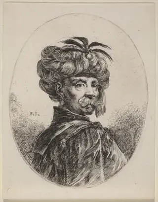 Moor in a Turban Trimmed with Five Feathers, by Stefano Della Bella, ink, 1650