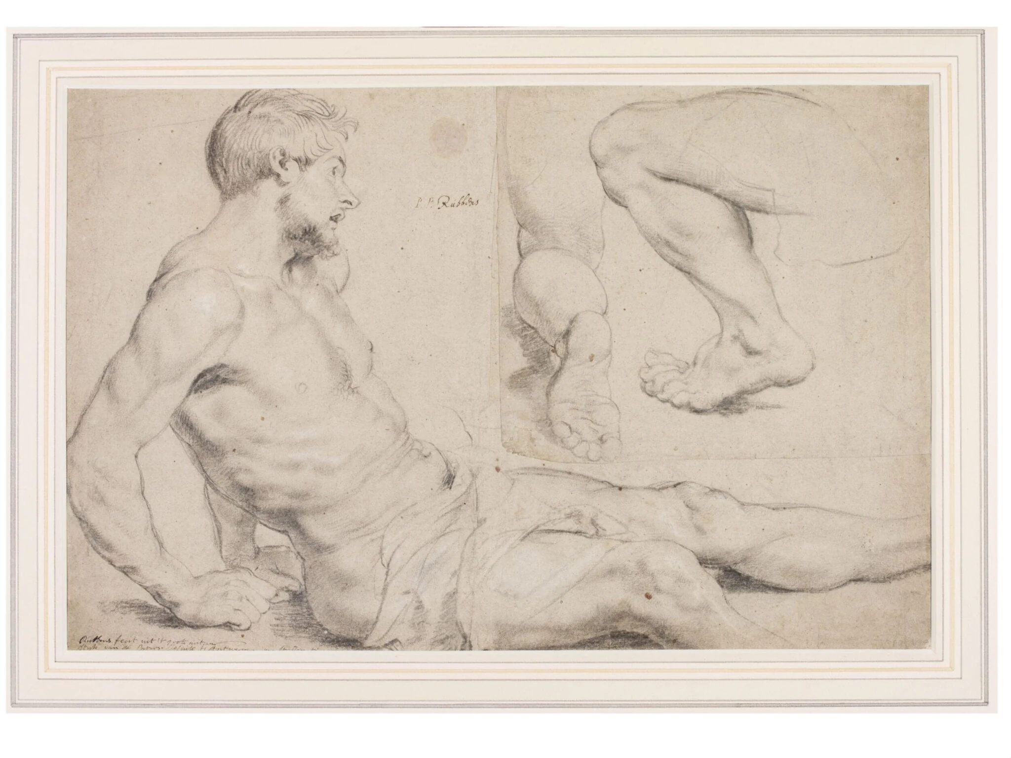 Study of the Man Raised from the Dead and Two Studies of Legs in a Kneeling Position, for figures in "Miracles of St Francis Xavier", detail