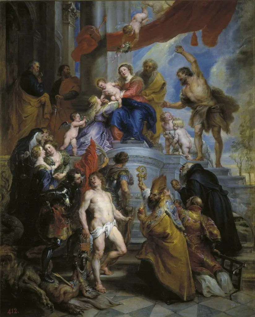 The Holy Family surrounded by Saints, by Peter Paul Rubens, oil, 1630