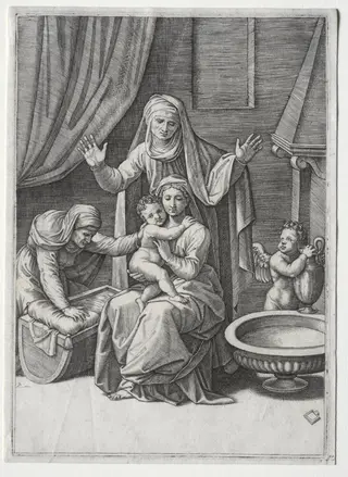 The Virgin and  the Cradle with Saint Elisabeth and Saint Anne, by Marcantonio Raimondi, 1520