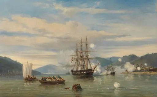 HMS Steam-Powered Battleship Medusa Opening the Shimonoseki Straits, by Jacob Eduard van Heemskerck van Beest, unspecified, 1864