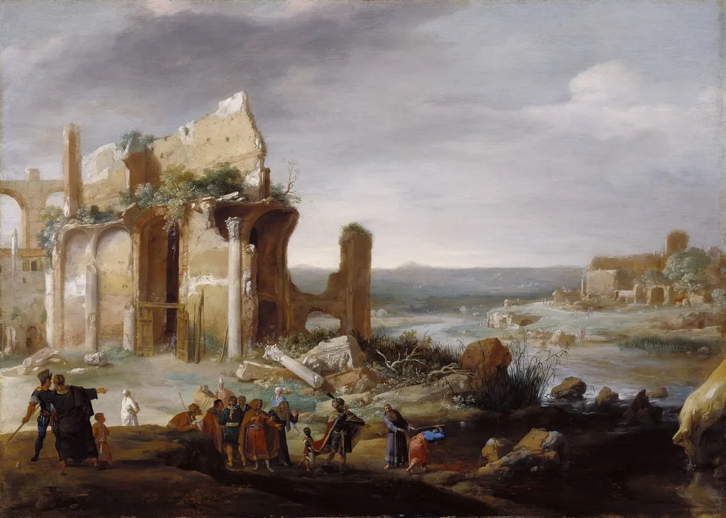 Moses and Aaron Changing the Rivers of Egypt to Blood, by Bartholomeus Breenbergh, oil, 1631