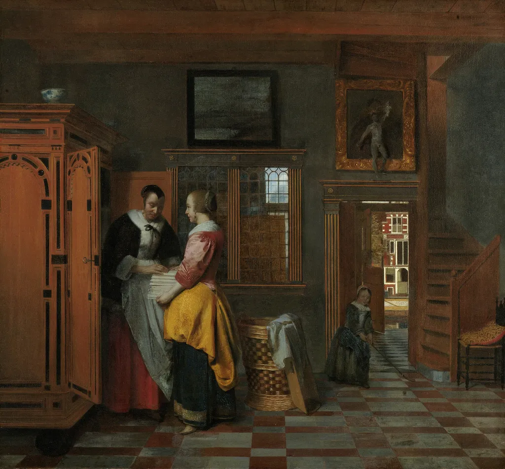 Interior with Women beside a Linen Cupboard, by Pieter de Hooch, oil, 1663