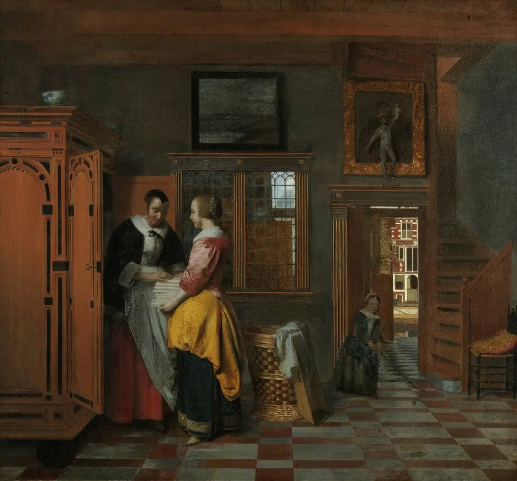 Interior with Women beside a Linen Cupboard, by Pieter de Hooch, oil, 1663