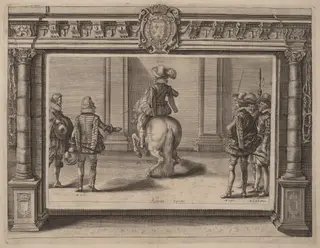 Louis XIII on Horseback, Receiving Instruction, by Crispijn van de Passe II, ink, 1625