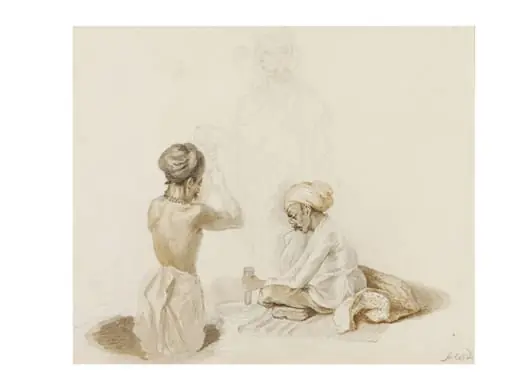 An Indian metal-worker seated cross-legged with his assistant, who raises and hammer, and another figure standing behind, by Arthur William Devis, watercolor, 1790