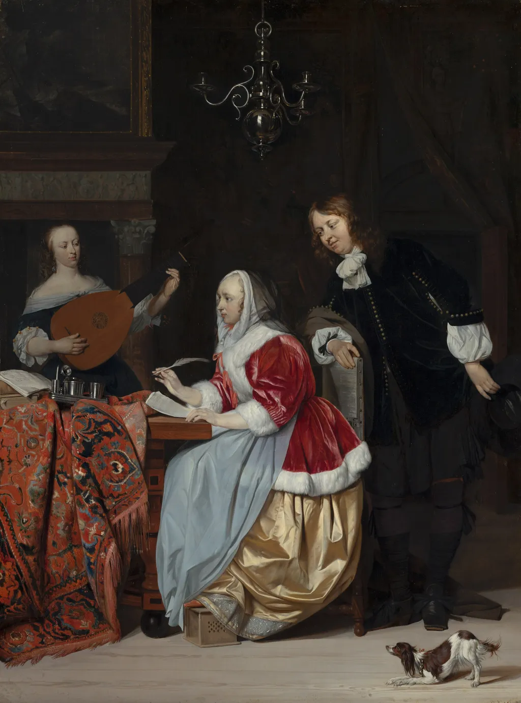 A young Woman Writing Music, by Gabriel Metsu, oil, 1663