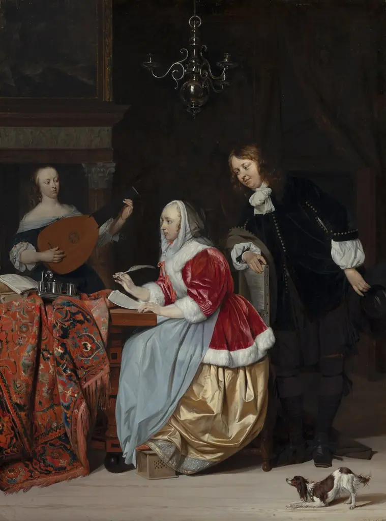 A young Woman Writing Music, by Gabriel Metsu, oil, 1663