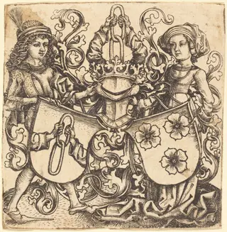 Arms of Rohrbach and Holzhausen, by Master bg, ink, 1485