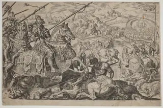 Suleiman the Magnificent Forced to Raise the Siege of Vienna, by Dirck Volckertz Coornhert, ink, 1555