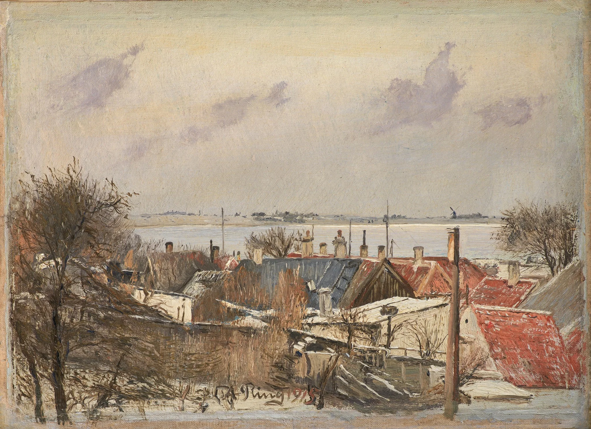 Udsigt over Sankt Jørgensbjerg og Roskilde Fjord. Vinterdag, detail