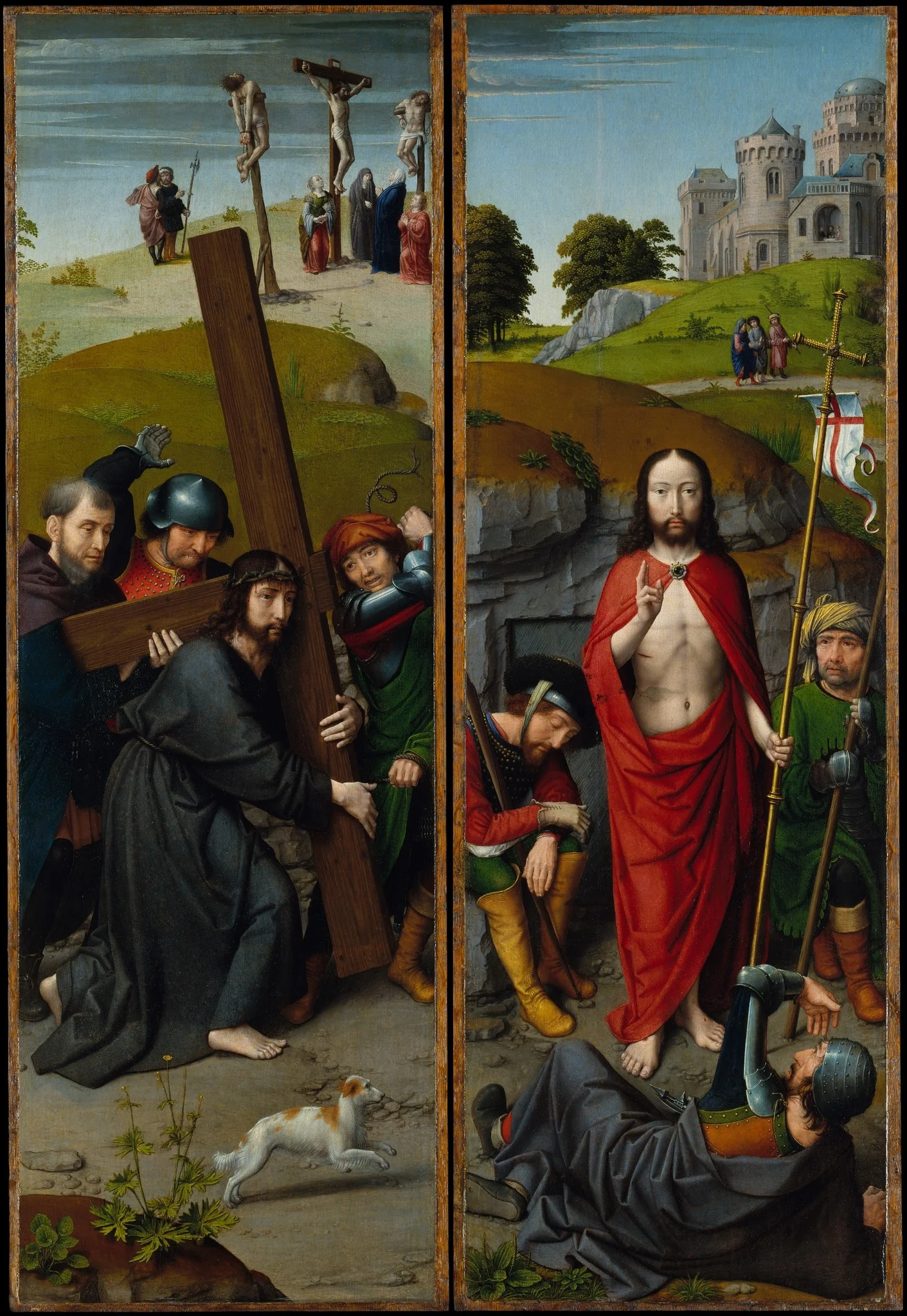 Christ Carrying the Cross, with the Crucifixion; The Resurrection, with the Pilgrims of Emmaus, detail