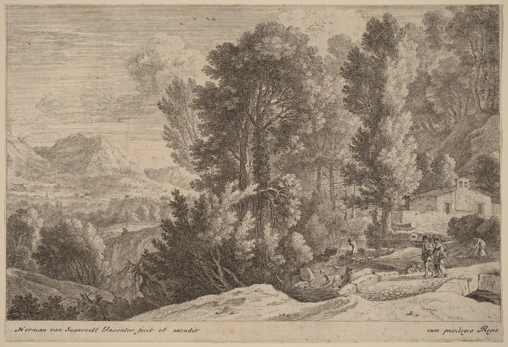 Landscape with Laundresses, by Herman van Swanevelt, ink, 1628