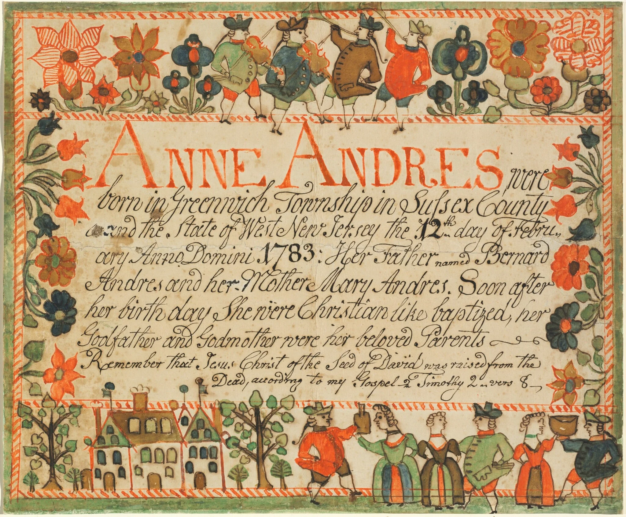 Birth and Baptismal Certificate for Anne Andres, detail