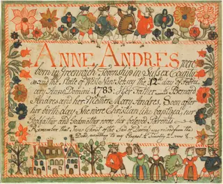 Birth and Baptismal Certificate for Anne Andres, by Johannes Ernst Spangenberg, ink, 1783
