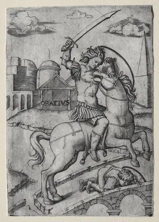 Horatius Cocles Defending the Sublician Bridge, by Marcantonio Raimondi, 1518