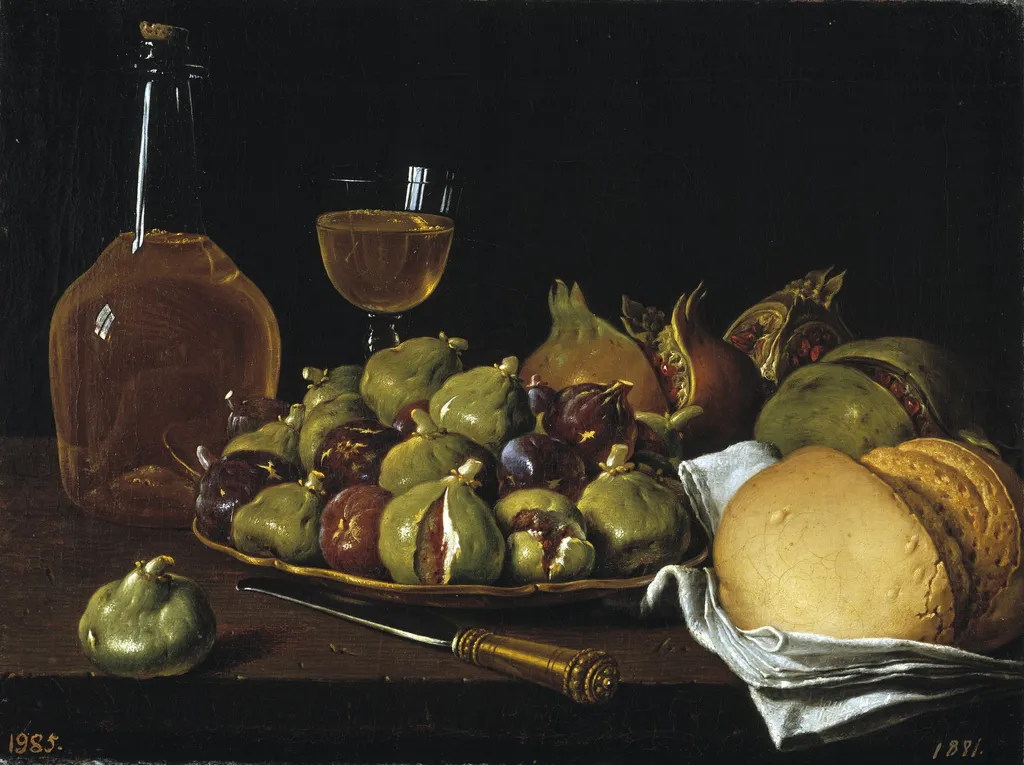 Still Life with Bread Pomegranates Figs and Tableware, by Luis Egidio Meléndez, oil, 1770
