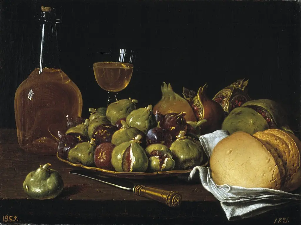 Still Life with Bread Pomegranates Figs and Tableware, by Luis Egidio Meléndez, oil, 1770