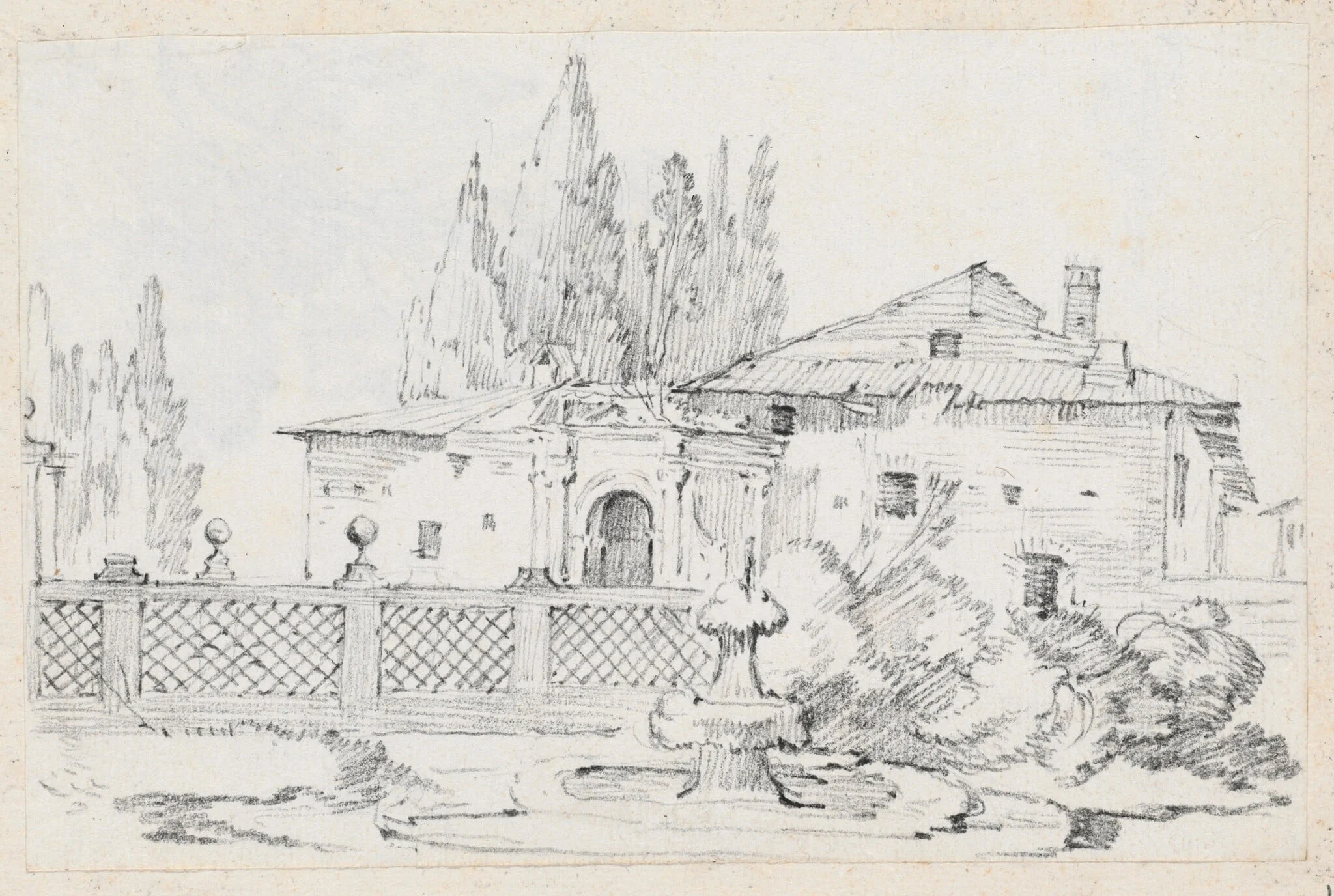 House and Trees across a Garden Wall, detail